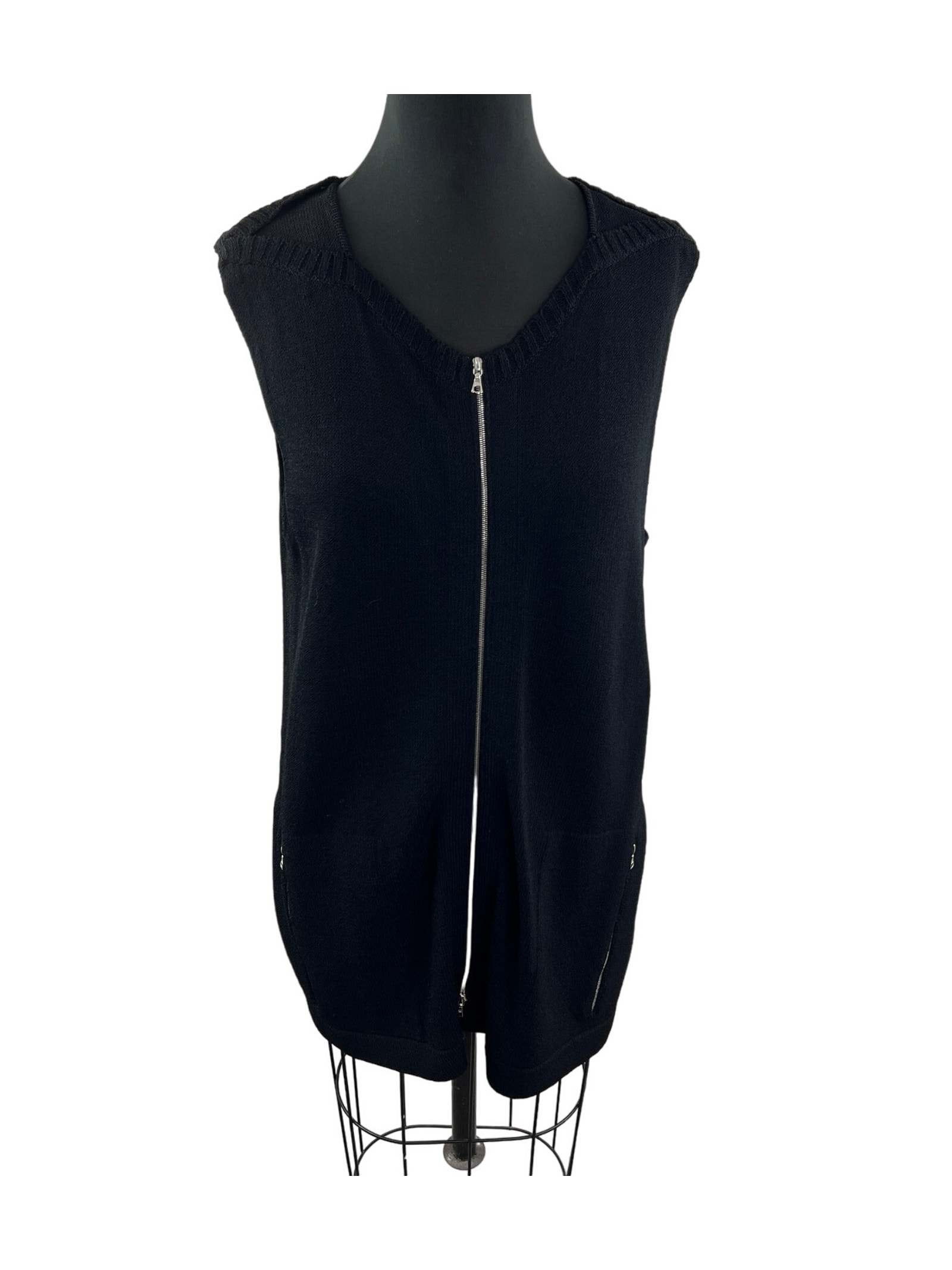 Barbara Wells Studio Sleeveless Zip Front Cardigan Black Pockets Size L Large